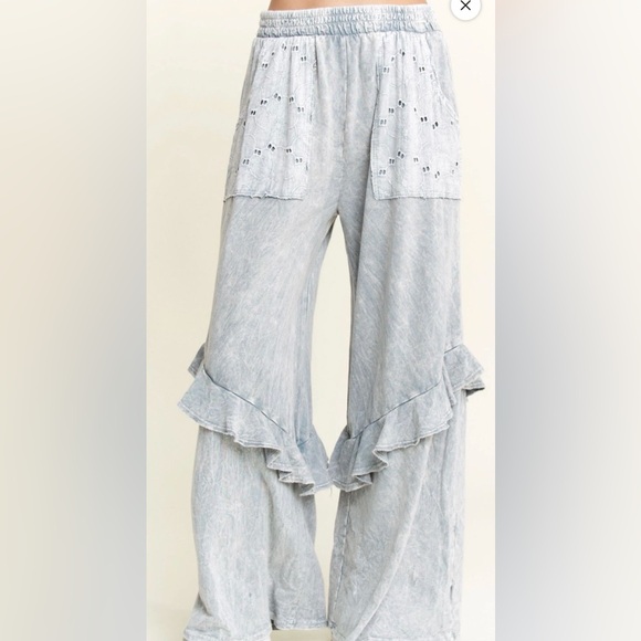 Women’s Wide Leg Ruffle Pants in Washed Gray - Picture 9 of 9